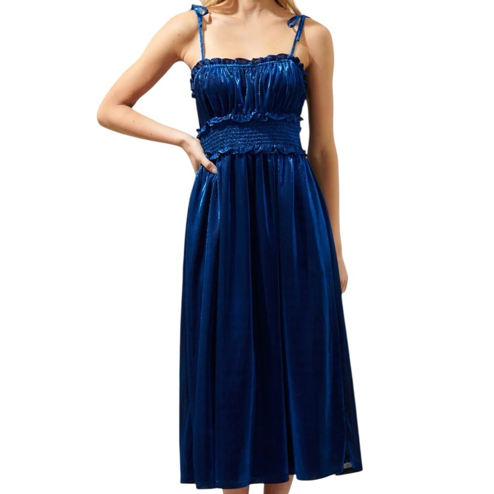NWT SUGARLIPS Blue Shimmer Smocked Waist Adjustable Strap Flowy Midi Dress